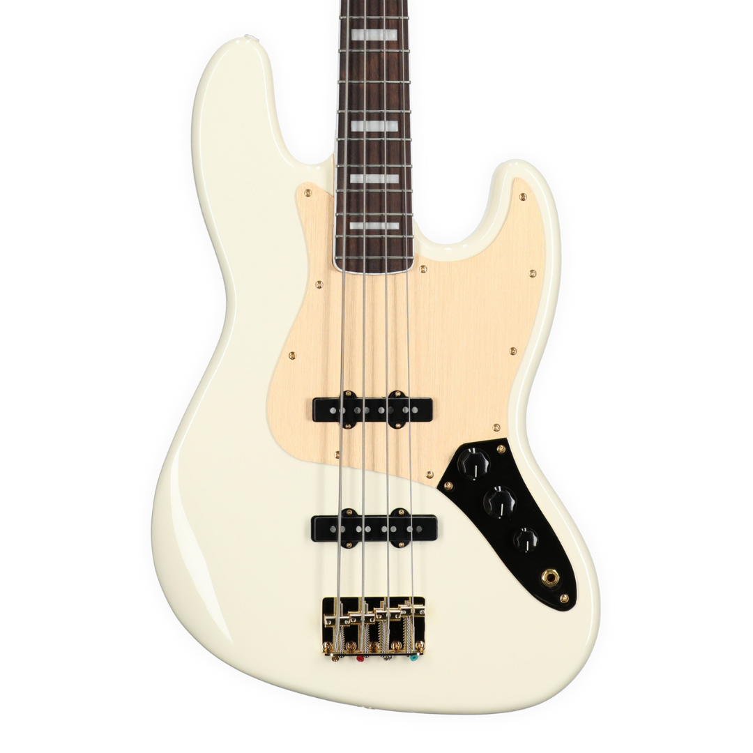 white bass guitar