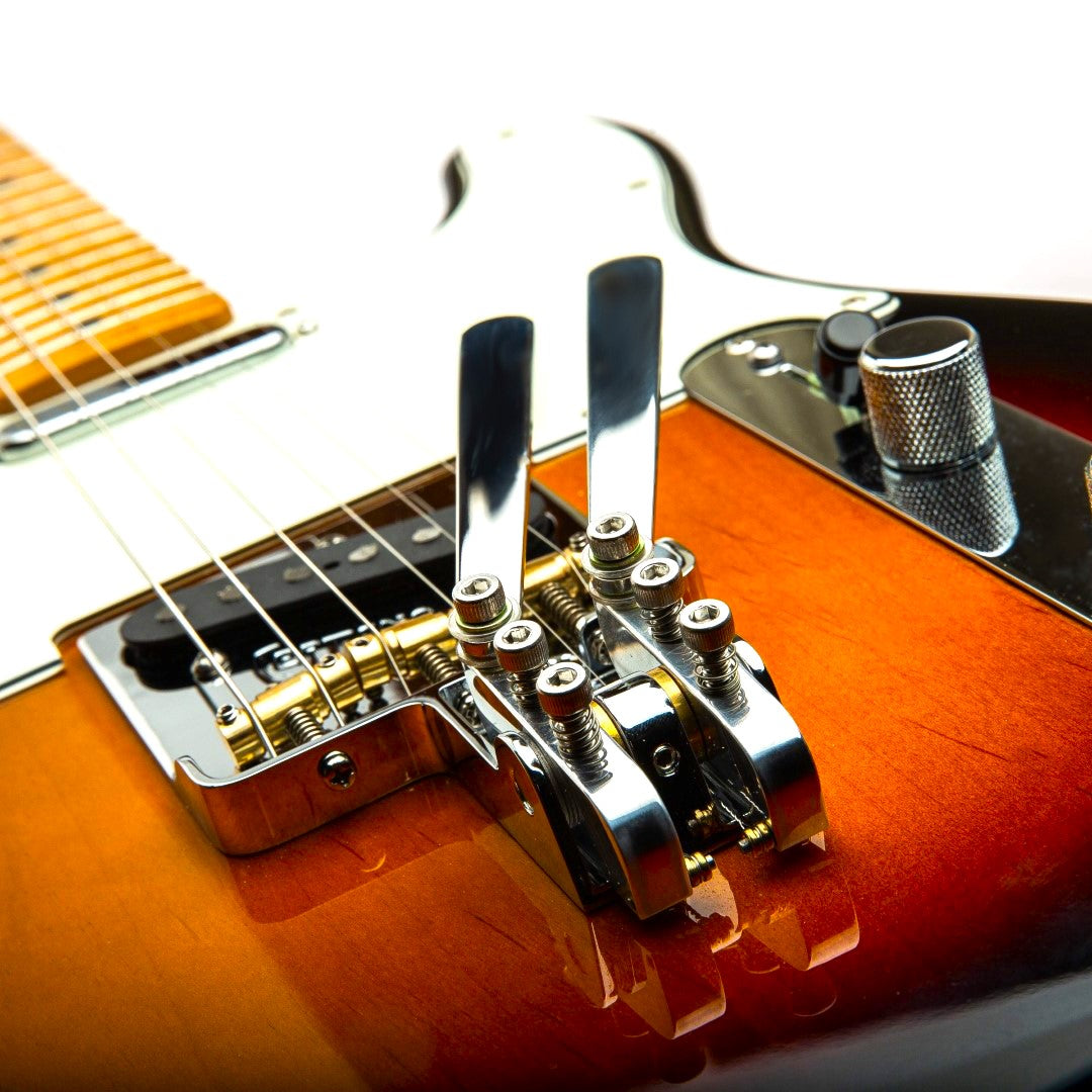 angled back view of t-bender bridge on guitar