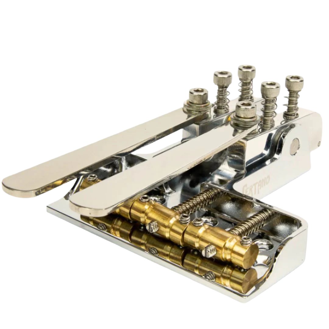 t-bender coupe universel half tele bridge for guitar front bass side angled view nickel