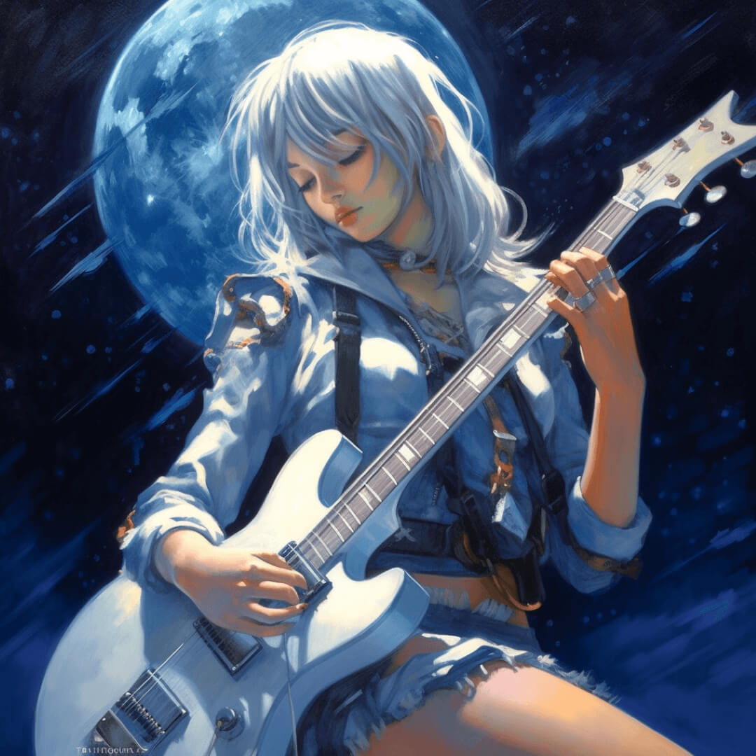 girl playing guitar in front of blue full moon 