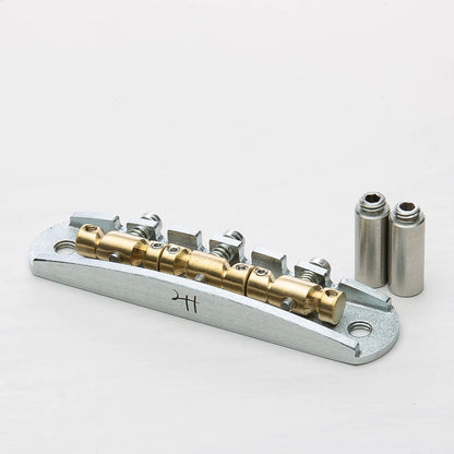 halon US-spec offset bridge w/ brass saddles front angled view w/ hardware satin chrome