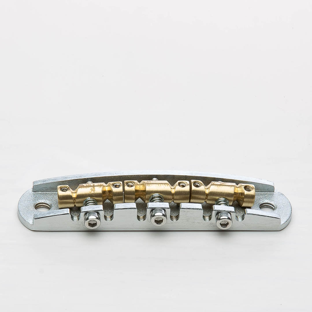 halon metric offset bridge w/ brass saddles back view satin chrome