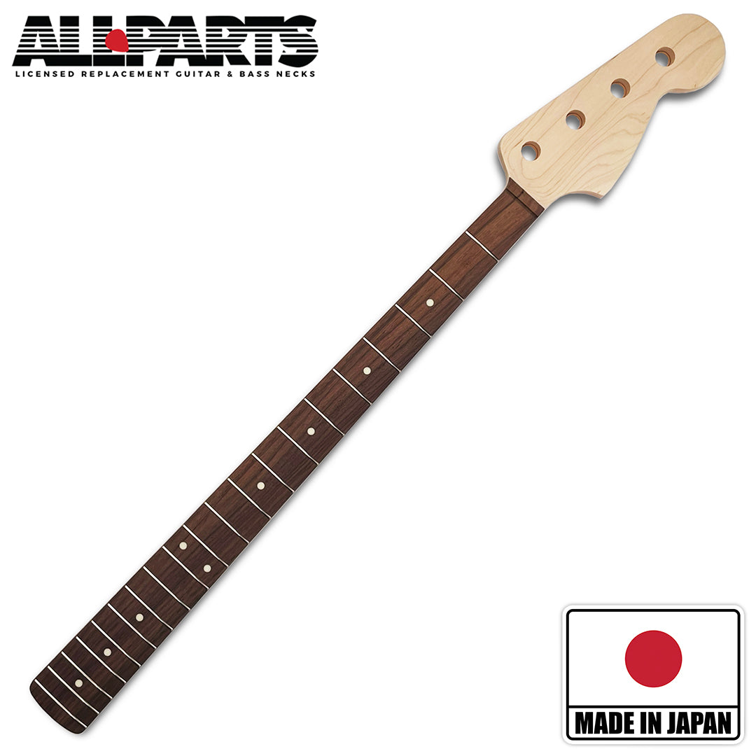 unfinished jazz bass neck with rosewood fretboard front angled view