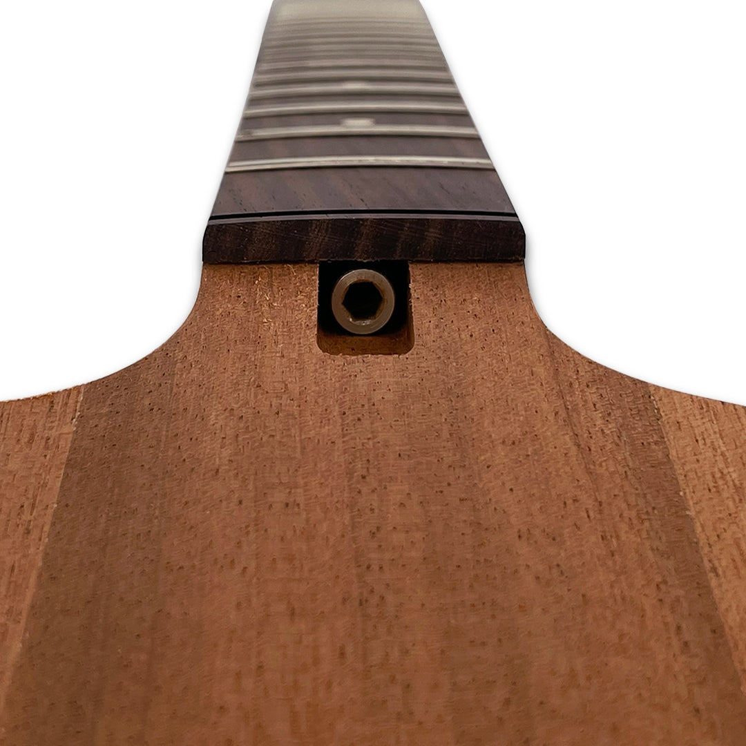 unfinished paddle head mahogany guitar neck with rosewood fretboard front facing truss rod view