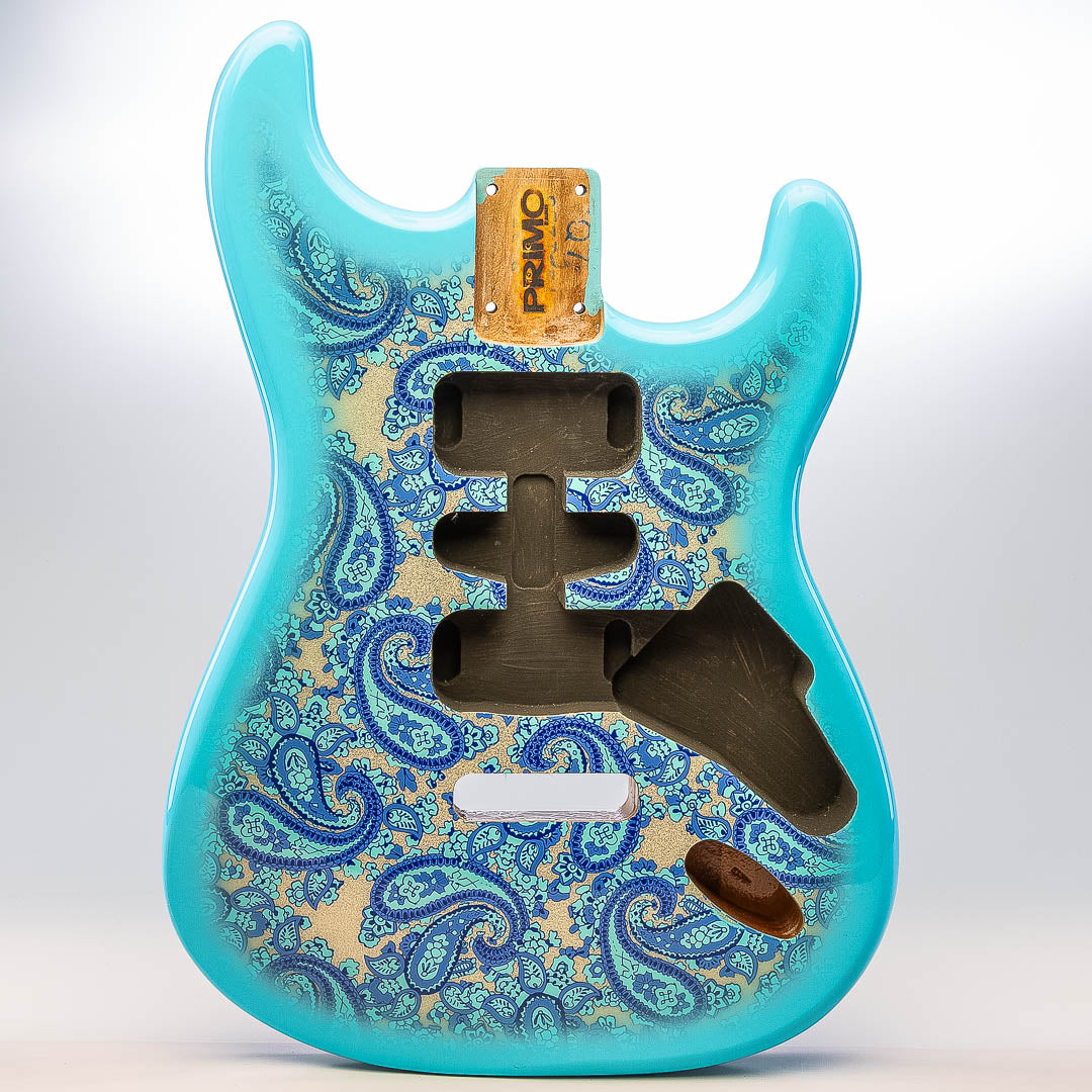 primo blue paisley strat body front view