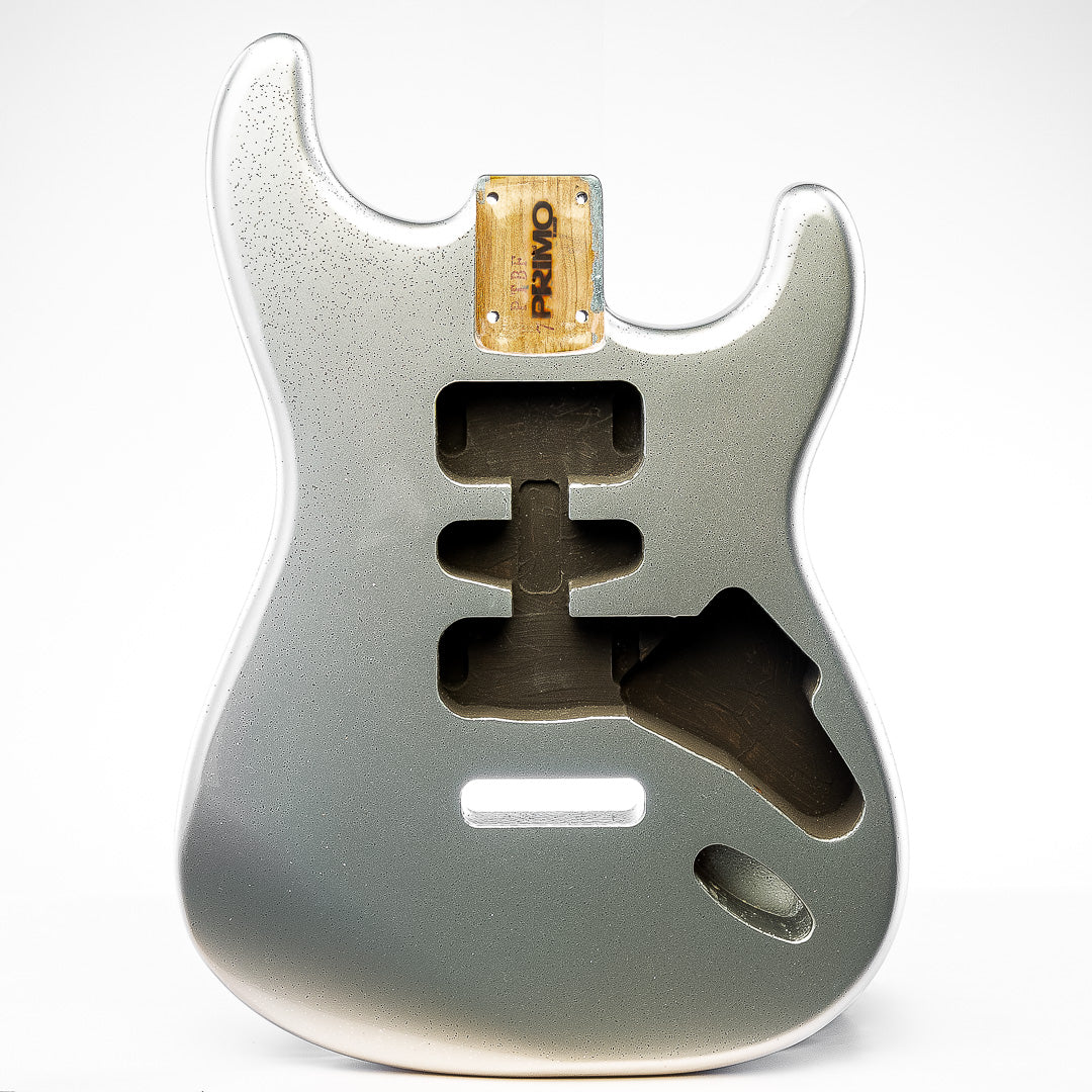 primo silver sparkle strat body front view