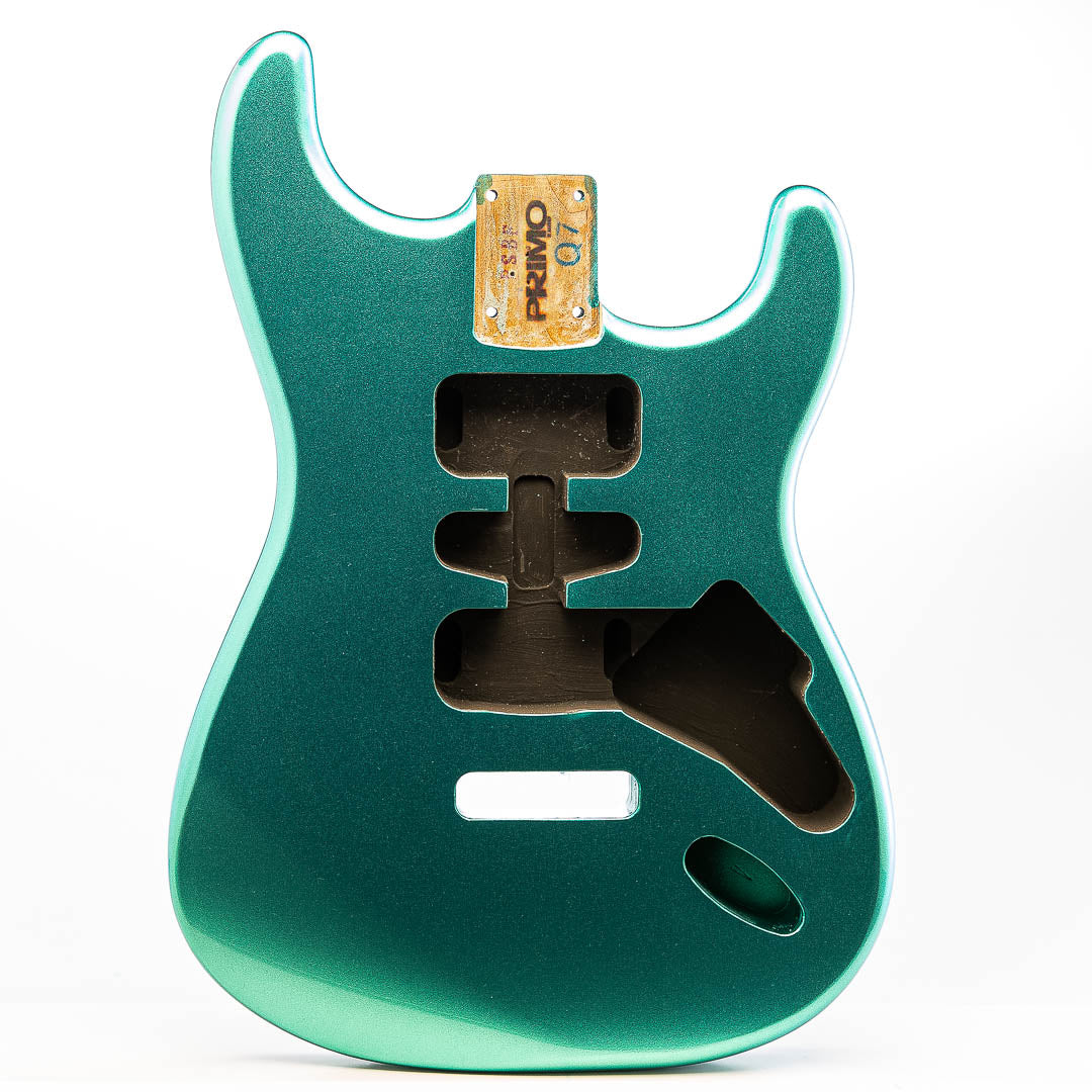 primo mystic teal strat body front view