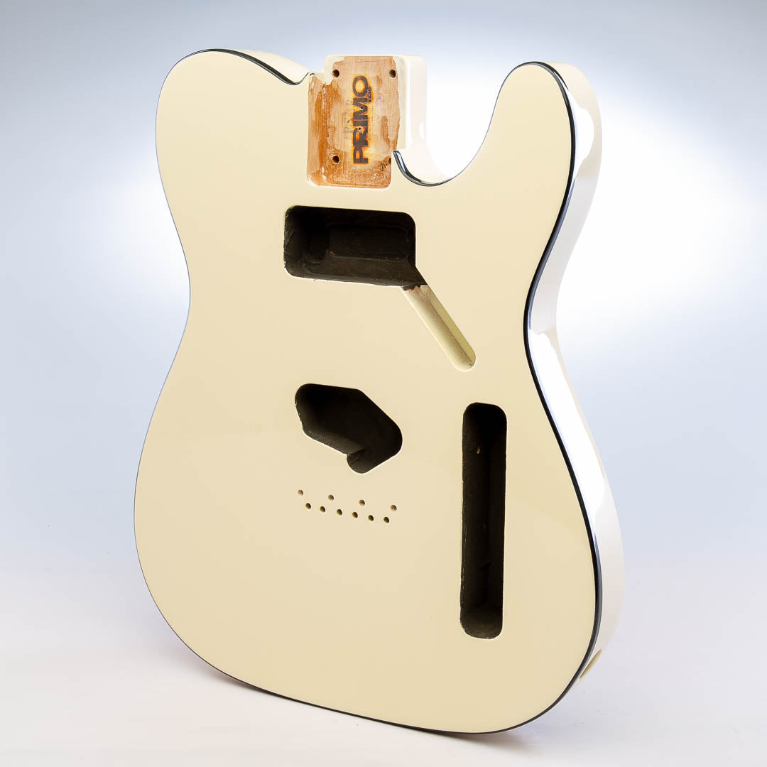 primo alabaster tele body with black binding front angled view