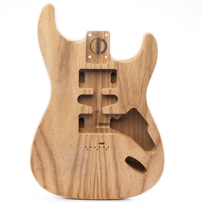 ap select roasted ash and paulownia strat body front view