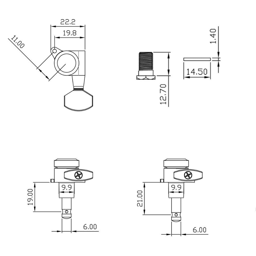 mid sized  in line locking tuner line drawing