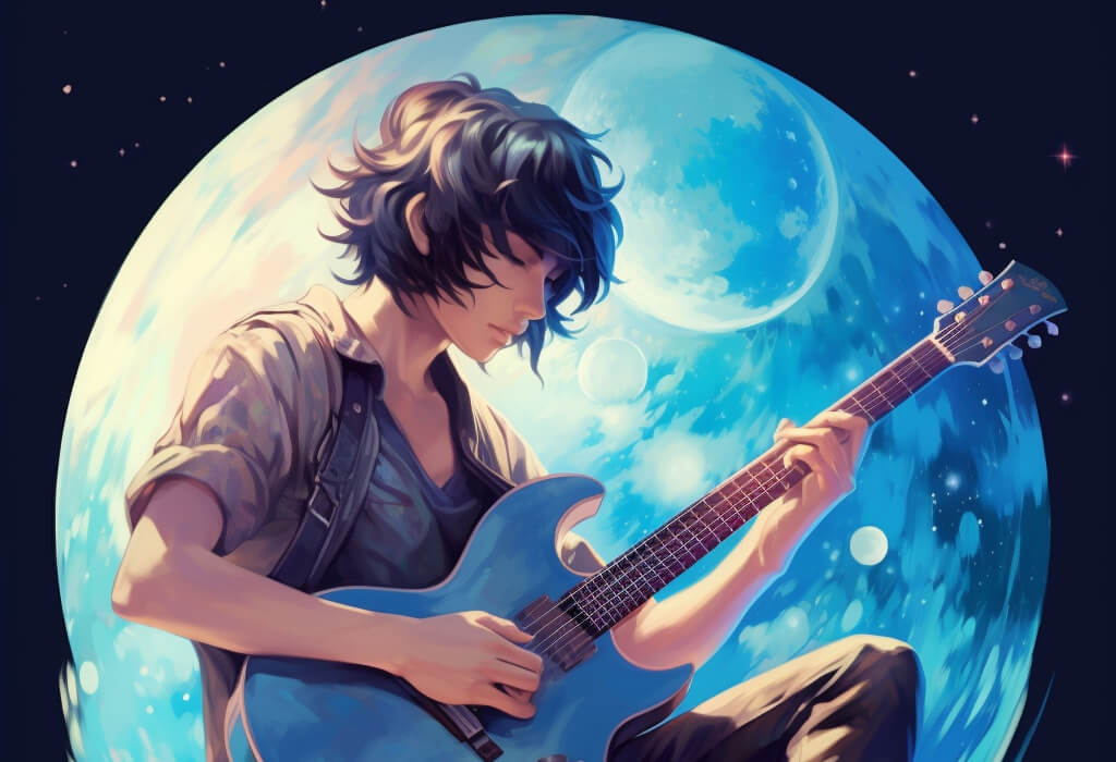 girl playing guitar in front of a full blue moon