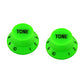 two green strat knobs with the word "tone"