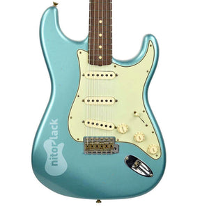 Teal green metallic nitrocellulose spray painted guitar